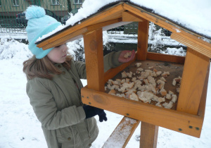 Żaczki z nauczycielką wkładają pokarm dla ptaków do karmnika w ogrodzie przedszkolnym