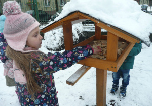 Żaczki z nauczycielką wkładają pokarm dla ptaków do karmnika w ogrodzie przedszkolnym