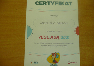 certyfikat za realizację projektu Veoliada 2021