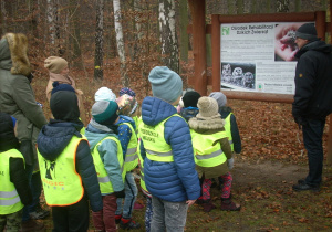 Żaczki w Lesie Łagiewnickim przed tablicą informacyjną