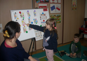 dziewczynka omawia Prawa Dziecka przy tablicy, na której przymocowane są różne ilustracje