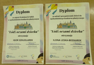dyplomy uzyskane w konkursie "Łódź oczami dziecka"