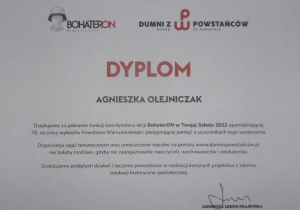 dyplom za koordynowanie akcju BohaterON 2022
