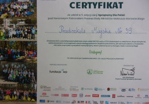 Certyfikat za udział w akcji "Sprzątamy dla Polski"