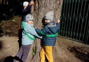 dwoje dzieci obejmuje drzewo w ogrodzie przedszkolnym