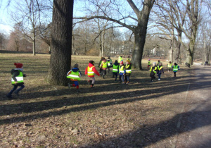 Juniorzy biegają między drzewami w parku