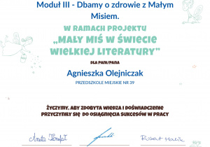 Certyfikat "Mały miś w świcie wielkiej literatury"