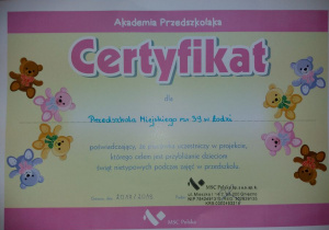 Certyfikat poświadczający udział w projekcie, którego celem jest przybliżanie dzieciom świąt nietypowych