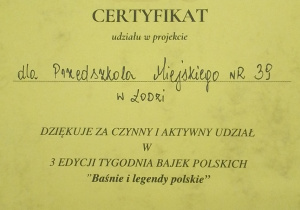 Certyfikat "Baśnie i legendy polskie"