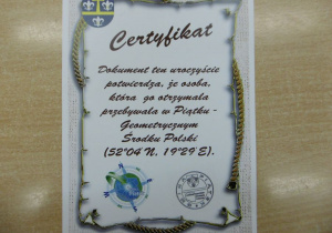 Certyfikat "Piątek - geometryczny środek Polski"