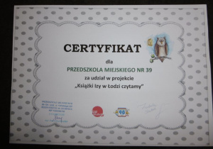 Certyfikat "Książki izy w Łodzi czytamy"