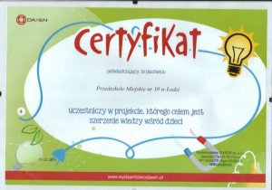 Certyfikat poświadczający udział w projekcie, którego celem jest szerzenie wśród dzieci wiedzy