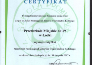 Certyfikat Szkół i Przedszkoli promujących zdrowie województwa łódzkiego